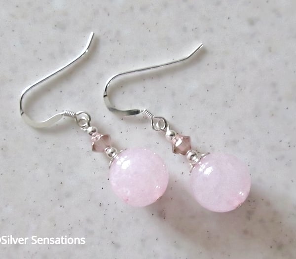 Pink Rose Quartz Bead Earrings With Swarovski Crystals & Sterling Silver