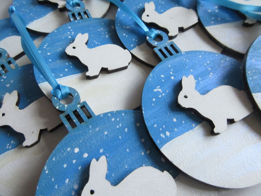 6x Bunny Christmas Tree Bauble Hanging Decoration Snow Rabbit Winter Scene
