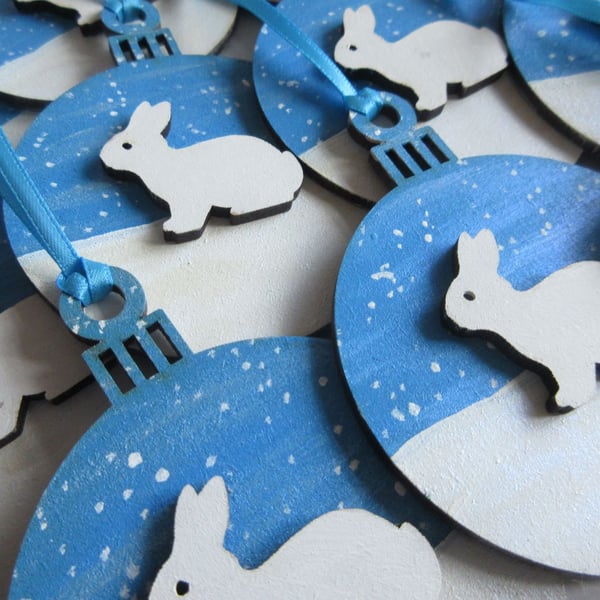 6x Bunny Christmas Tree Bauble Hanging Decoration Snow Rabbit Winter Scene