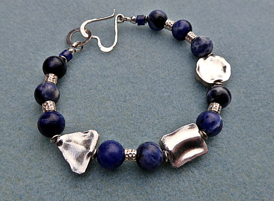Sodalite and Fine Silver Chunky Beaded Bracelet with Sterling Silver Heart Clasp
