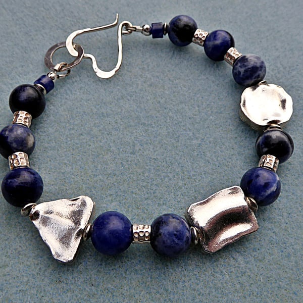 Sodalite and Fine Silver Chunky Beaded Bracelet with Sterling Silver Heart Clasp