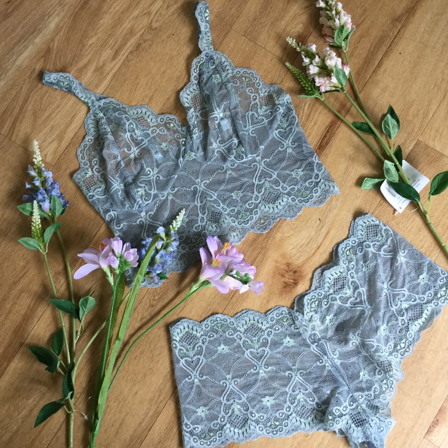 Turquoise blue grey lace bralette and short set