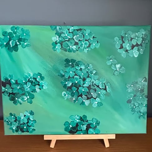 Green teal hydrangeas original hand painted. Approximately 16x12" canvas 