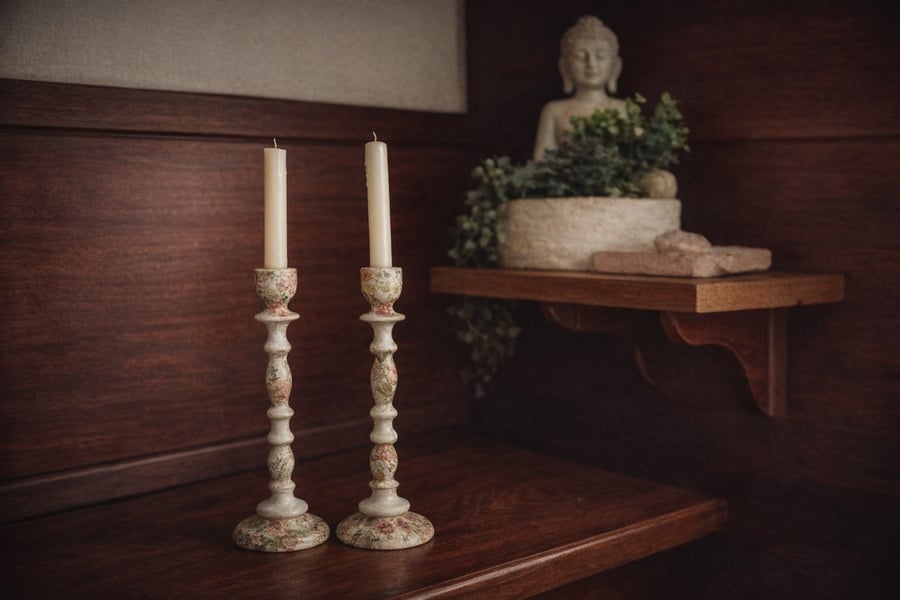 Upcycled Pair Wooden Candlesticks – Hand-Finished Decoupage for calm Interiors