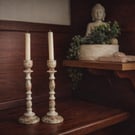 Upcycled Pair Wooden Candlesticks – Hand-Finished Decoupage for calm Interiors