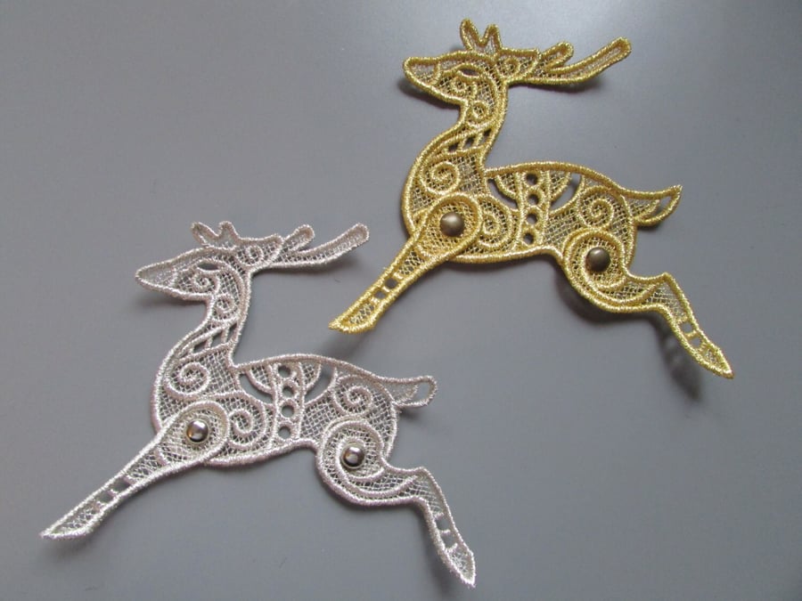 Embroidered Reindeer Lace Applique with moving parts in metallic Silver or Gold