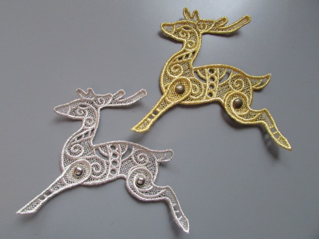 Embroidered Reindeer Lace Applique with moving parts in metallic Silver or Gold