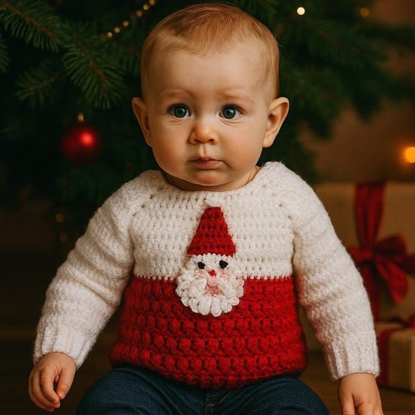 Festive Crocheted Baby Jumper Santa Face, Christmas, 6-12 Months 