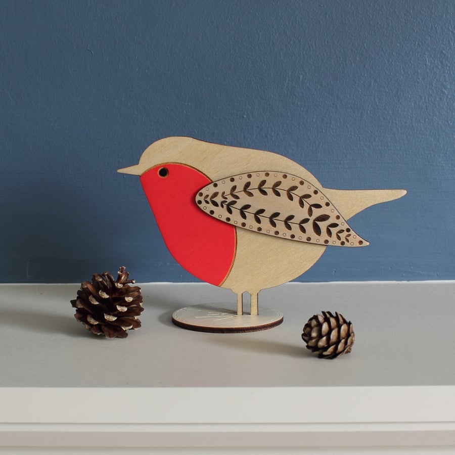 Standing Wooden Robin Christmas Decoration - Hand Painted