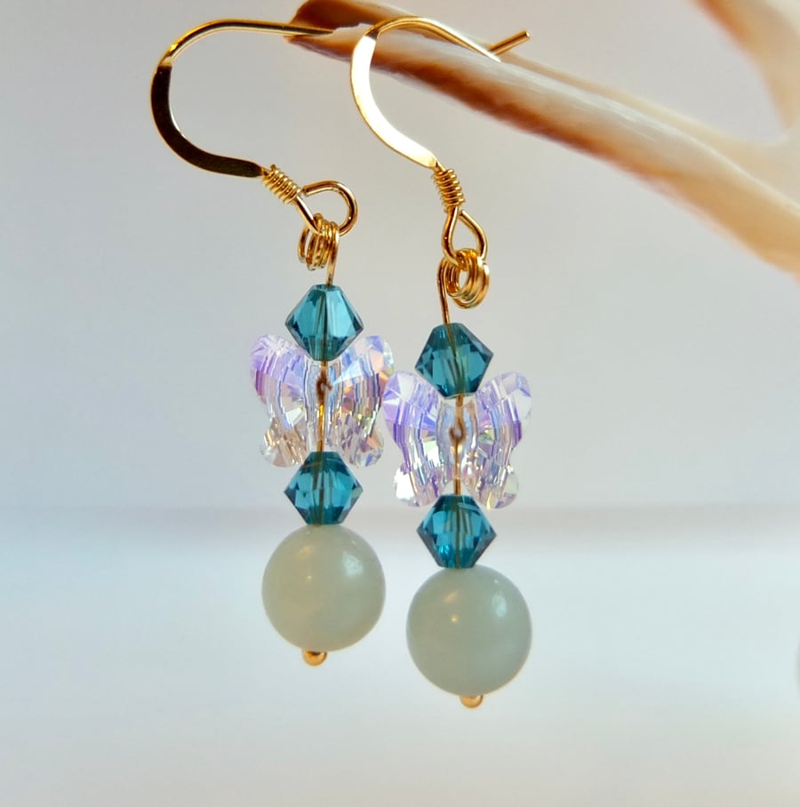 Swarovski Crystal Butterfly And Amazonite Earrings - Handmade In Devon.