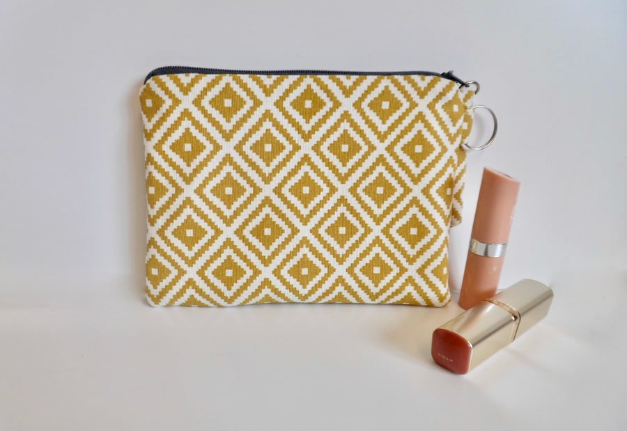 SOLD Make up purse in yellow ochre mustard print zipped pouch