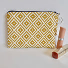 Make up purse in yellow ochre mustard print zipped pouch