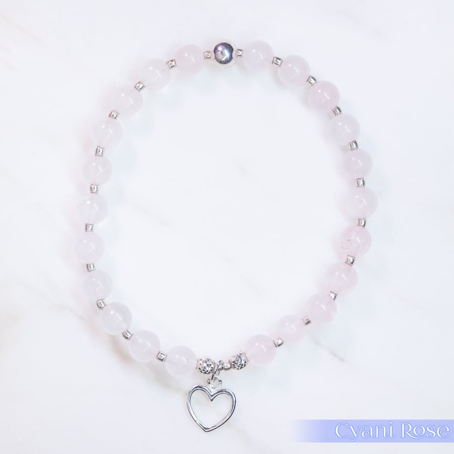  Bracelet rose quartz and sterling silver heart charm stretchy handmade