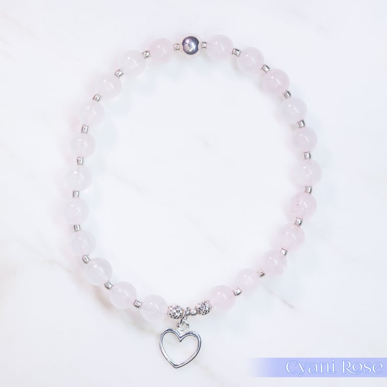  Bracelet rose quartz and sterling silver heart charm stretchy handmade