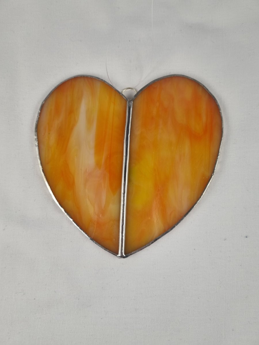583 Stained glass large two piece orange heart - handmade hanging decoration.
