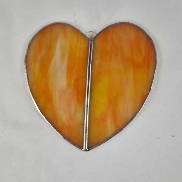 583 Stained glass large two piece orange heart - handmade hanging decoration.