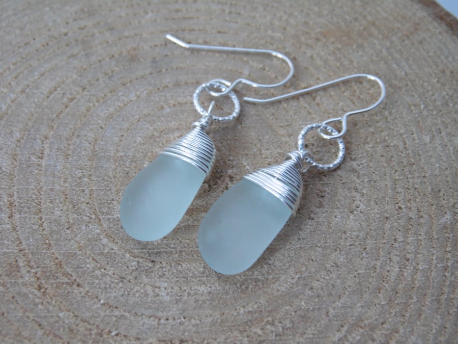 Marazion Dainty Seafoam Cornish Sea Glass Earrings on Diamond Cut Rings E627