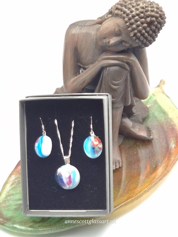 Red, Blues and White Fused Glass Hook Earrings and Pendant Set