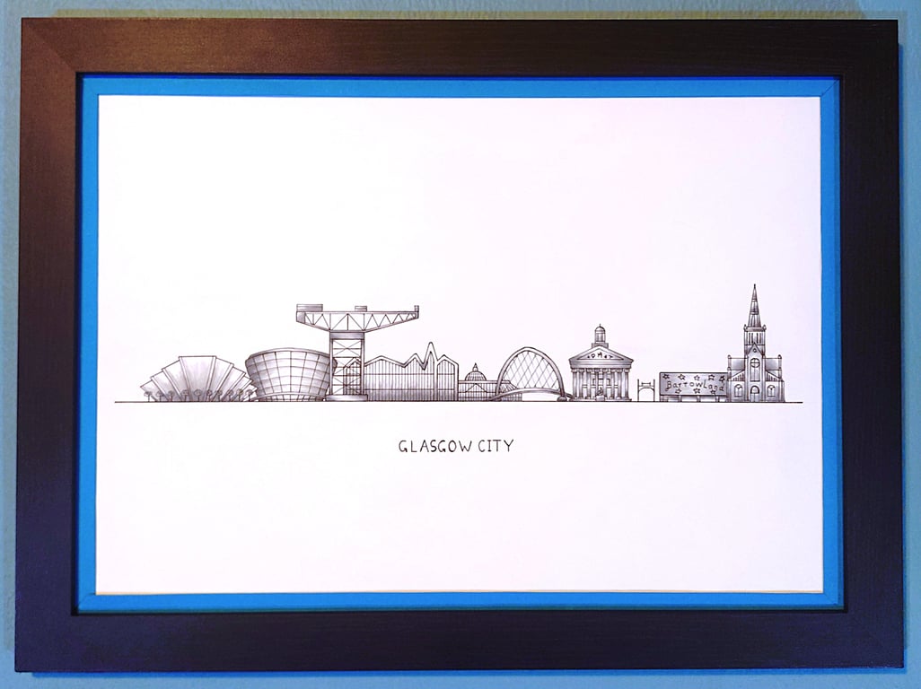 Glasgow Cityscape Handmade Unique Framed A3 Print Dark Blue Border Wallart Gift