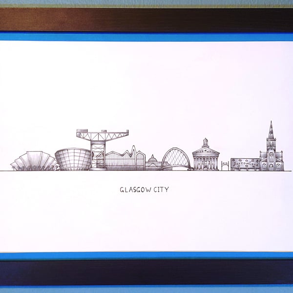 Glasgow Cityscape Handmade Unique Framed A3 Print Dark Blue Border Wallart Gift