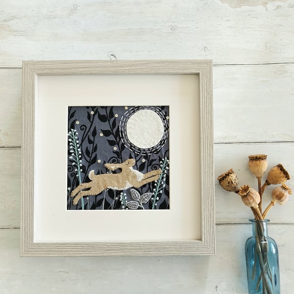 Moonlit Hare Fabric Art Picture with Hand Embroidery (Square)