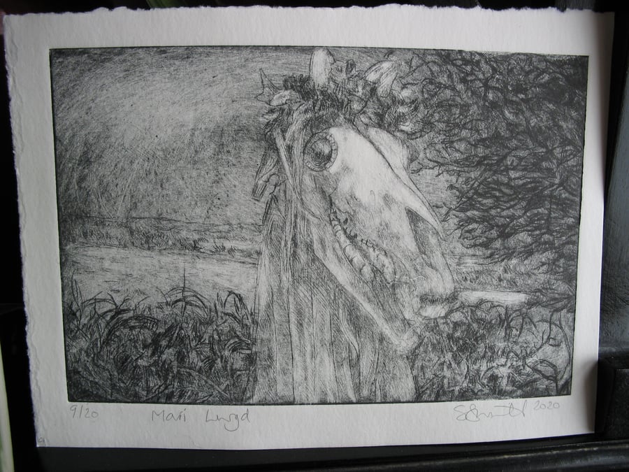 Mari Lwyd landscape drypoint etching