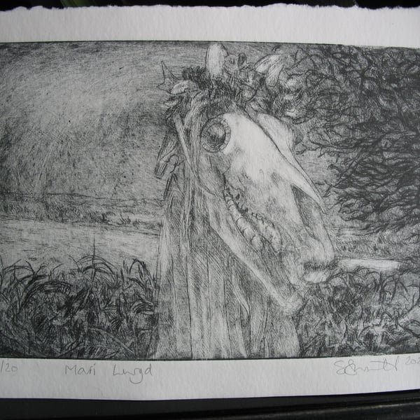 Mari Lwyd landscape drypoint etching