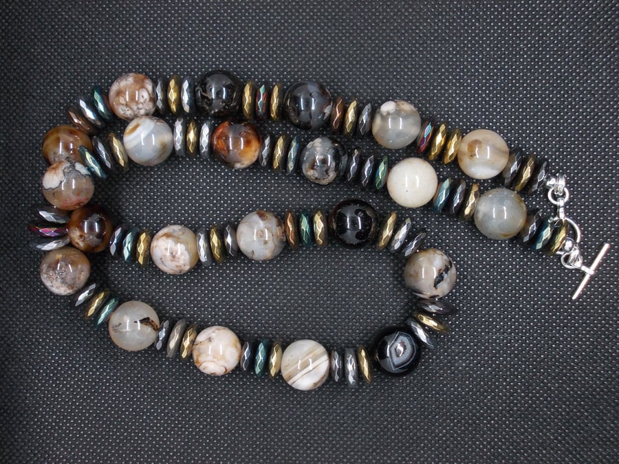 Marble agate and haematite statement necklace