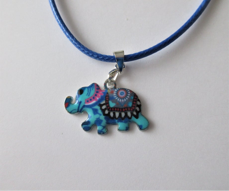 Owl Necklace Blue Cord with Cute Elephant Charm