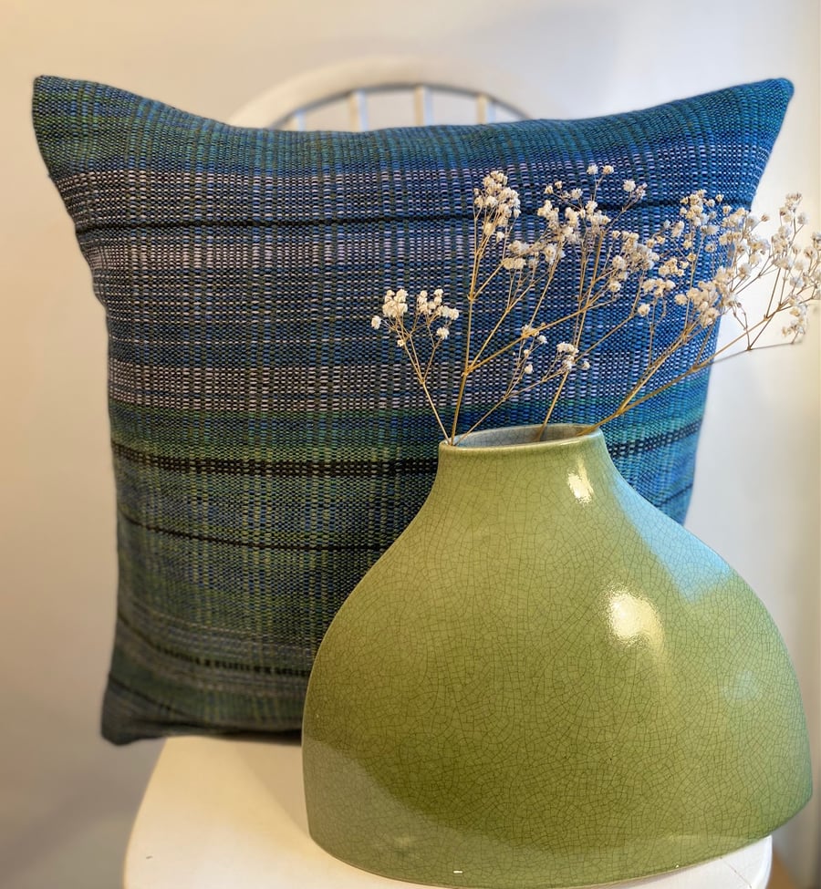 Green and blues in  Hand woven wool cushion