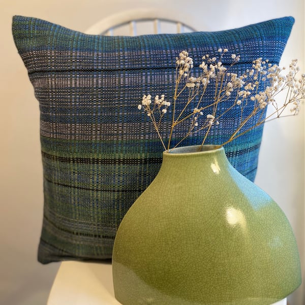 Green and blues in  Hand woven wool cushion