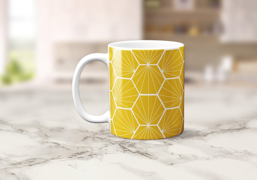 Yellow and White Hexagon Geometric Design Mug, Tea or Coffee Cup