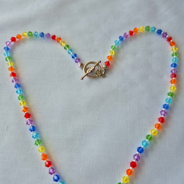 Rainbow necklace made with glass bicone crystal style beads