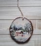 Winter scene decoupage woodslice decoration 