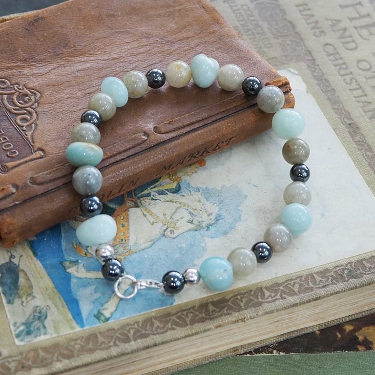 Gemstone beaded sterling silver bracelet, semi-precious stone beads