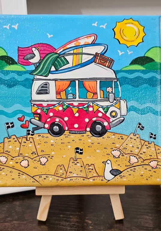 Polkadot Camper Van square canvas painting