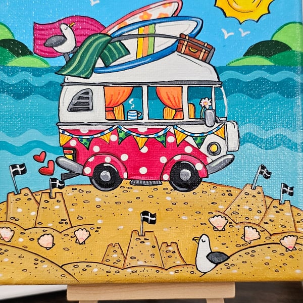 Polkadot Camper Van square canvas painting