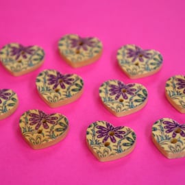 Small Natural Wooden Heart Buttons Floral Purple Blue 10pk 18x15mm (NH5)