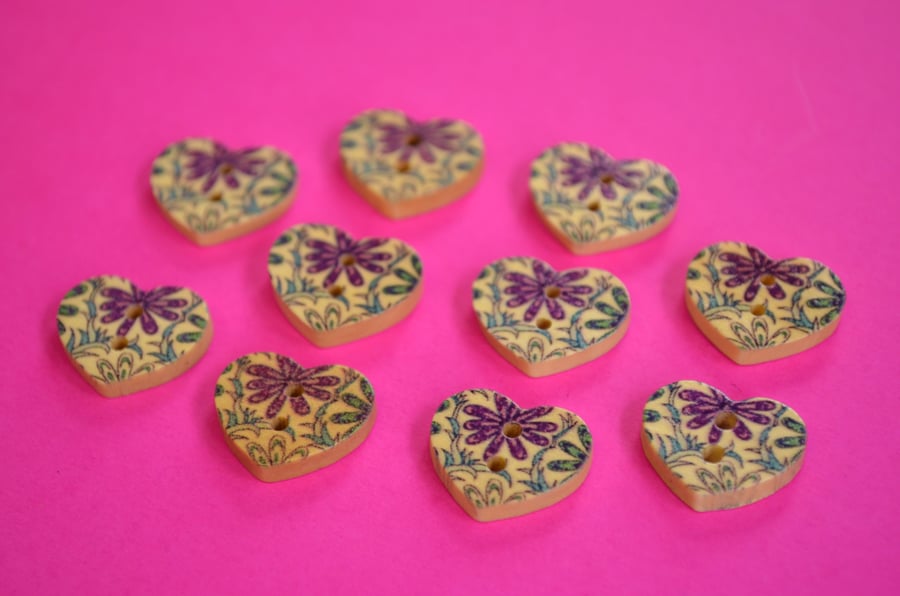 Small Natural Wooden Heart Buttons Floral Purple Blue 10pk 18x15mm (NH5)