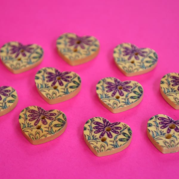 Small Natural Wooden Heart Buttons Floral Purple Blue 10pk 18x15mm (NH5)