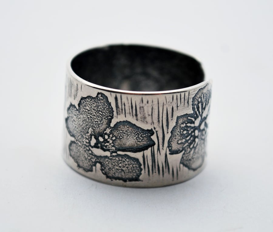 Sterling Silver Flower Ring, Adjustable Etched Ring, oxidised or natural finish