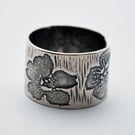 Sterling Silver Flower Ring, Adjustable Etched Ring, oxidised or natural finish