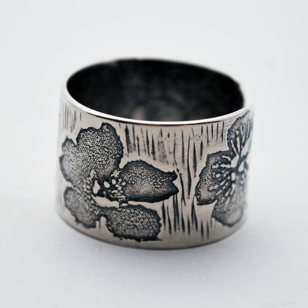 Sterling Silver Flower Ring, Adjustable Etched Ring, oxidised or natural finish