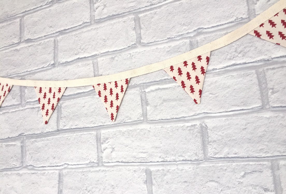 Red Christmas trees on cream cotton mini bunting. Double sided cotton fabric. 