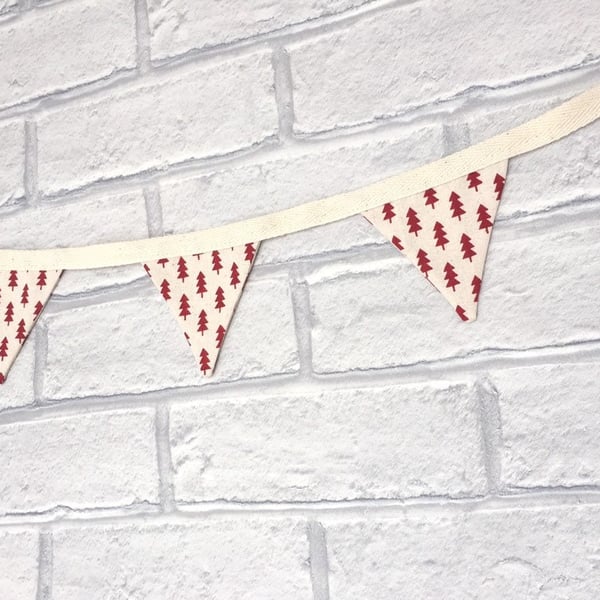 Red Christmas trees on cream cotton mini bunting. Double sided cotton fabric. 
