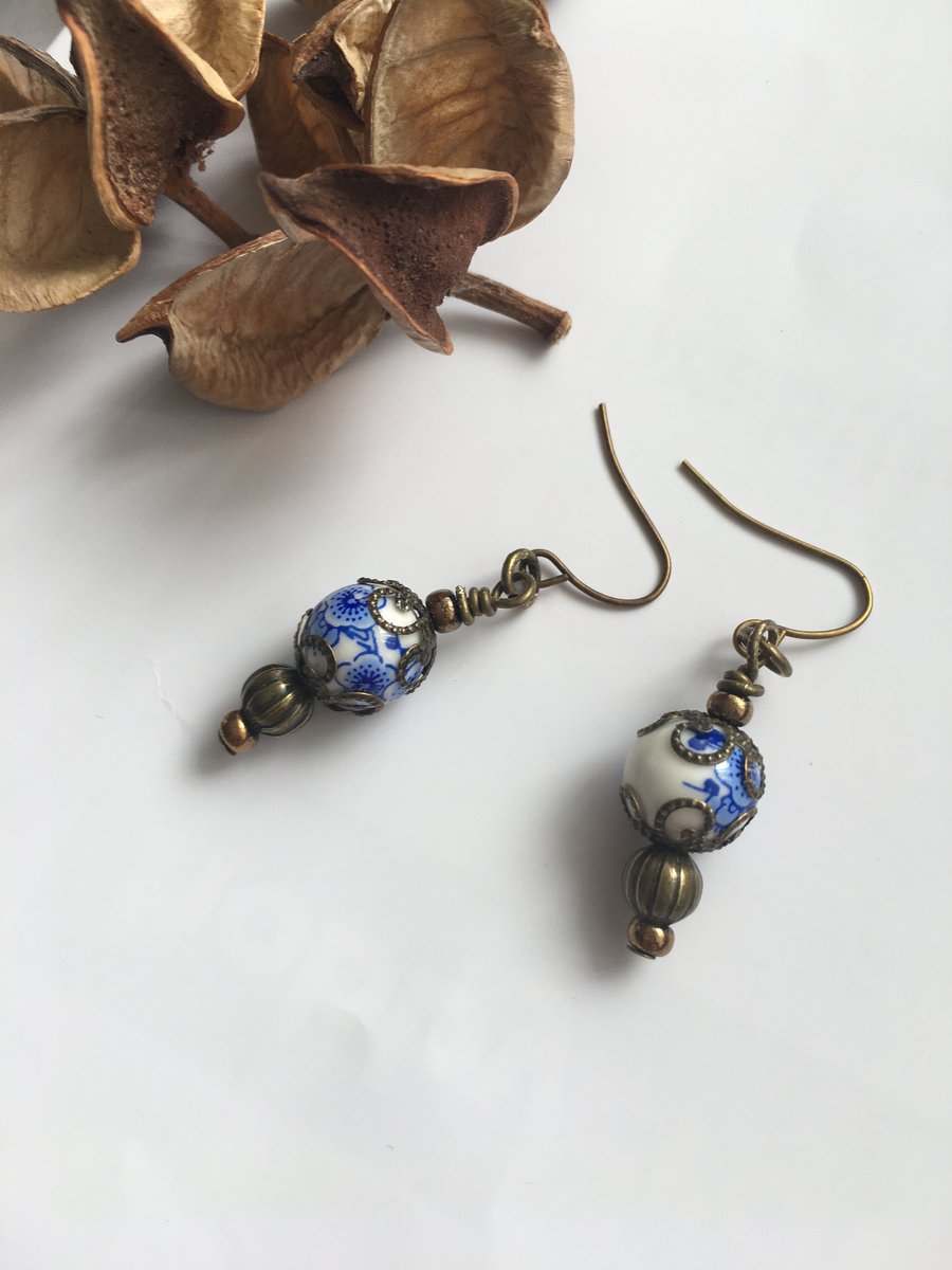 Oriental inspired painted blue ceramic bead earrings 