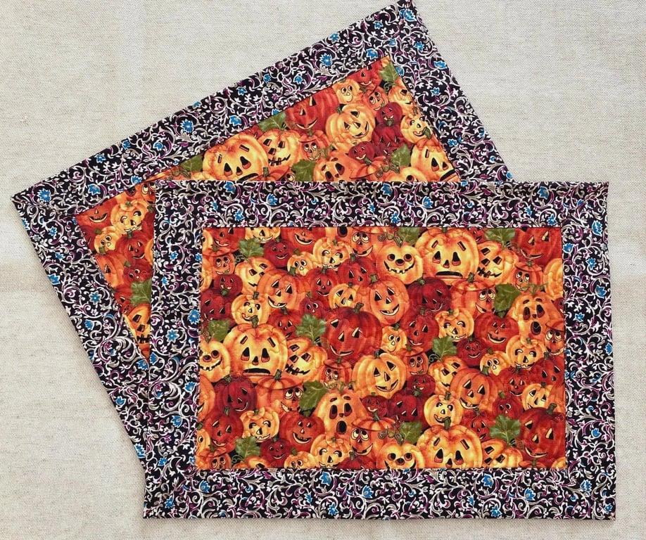 Halloween Pumpkin Placemats Set of 2 Quilted Cotton Table Mats