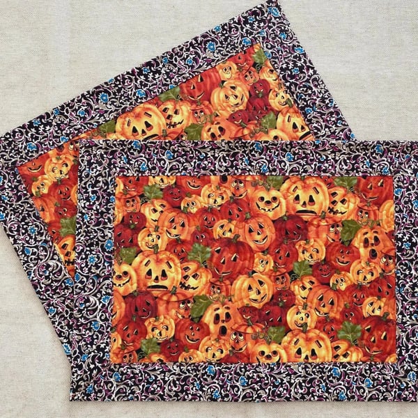 Halloween Pumpkin Placemats Set of 2 Quilted Cotton Table Mats