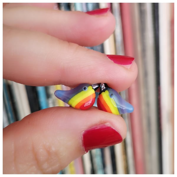 teeny tiny 'Rainbow Wren of Hope' glass bird earrings