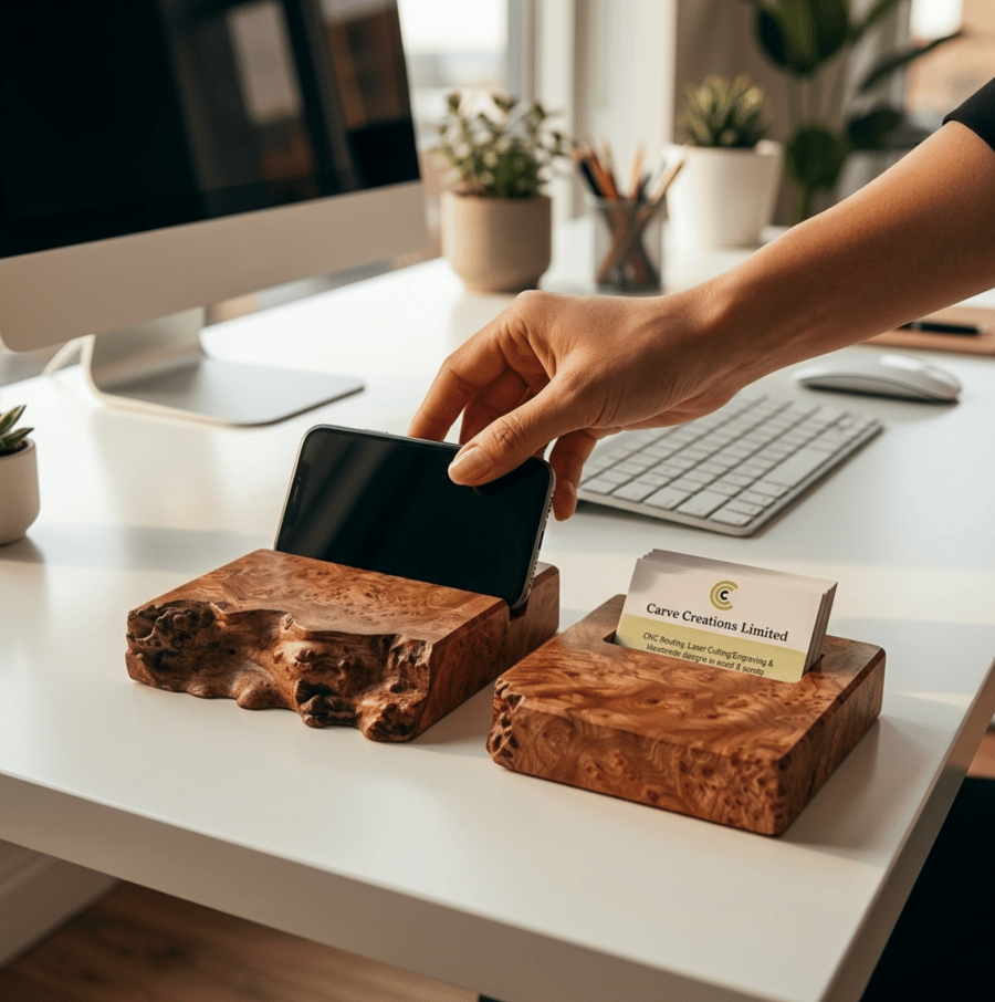 Wood Business Card Holder and Phone Holder in Solid Elm Burl